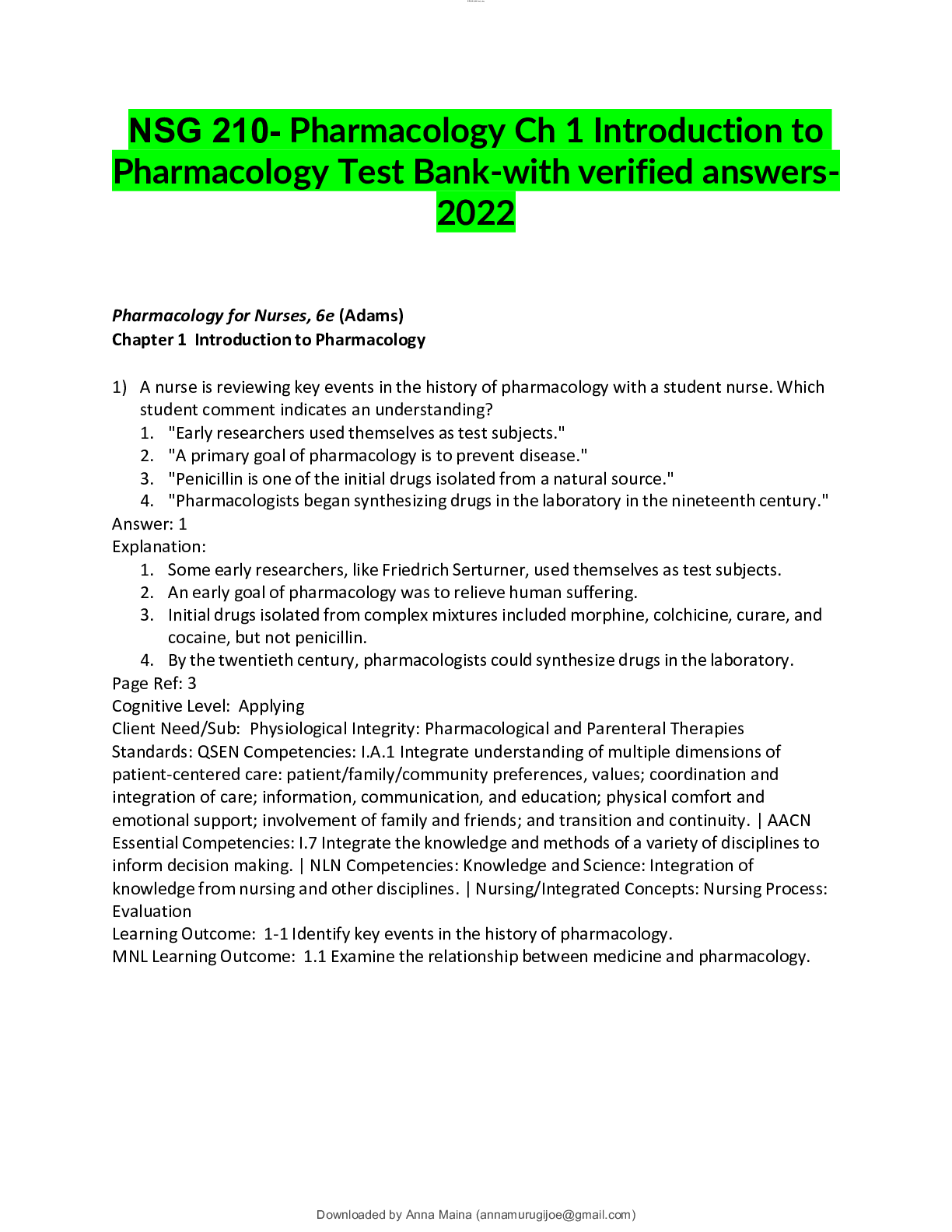 Preview of NSG 210- Pharmacology Ch 1 Introduction to Pharmacology Test Bank-with verified answers-20